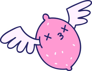 cartoon of a dead lemon flying up to heaven on angel wings in bright neon color