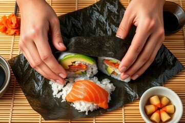 A colorful table with sushi ingredients, cook