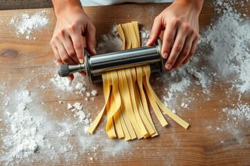 A table with pasta dough being cut into strips, hands using a ro