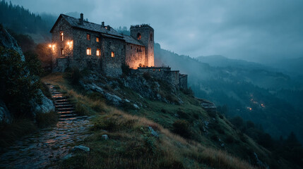 Moody castle glows at dusk on a hilltop in misty mountains. Ideal for travel blogs, fantasy art, book covers.