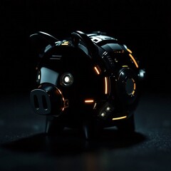  Intensely black, extreme macro close-up of a futuristic sci-fi piggy bank, highlighting advanced technology, space elements, and deep shadows
