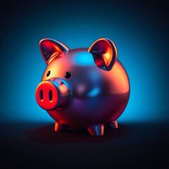 Piggy bank rendered with iridescent colors, contrasting chiaroscuro lighting, strong contrasts, deep shadows, and vibrant iridescent reflections