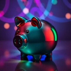 Rich deep teal piggy bank, creative light art, luxurious vibrant colors, abstract light patterns, artistic lighting, glossy finish