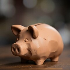 Sculptural clay piggy bank, blurred bokeh background, modeled shapes, textured surface, sharp focus on subject, soft light, earthy tones