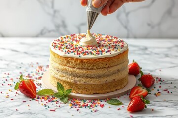 A cook decorating a cake with icing using piping bag, table fill