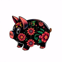 Symbolic traditional tattoo art print of a piggy bank, intense jet black, vibrant colors, retro flair, complex ornaments, white background, deep shadows