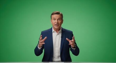 Caucasian man TV anchor news reporter with microphone in suit talks at professional studio. Presenter standing, gesticulating on green screen.