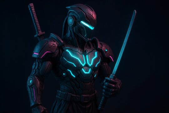 Futuristic warrior with glowing accents holding a neon katana sword