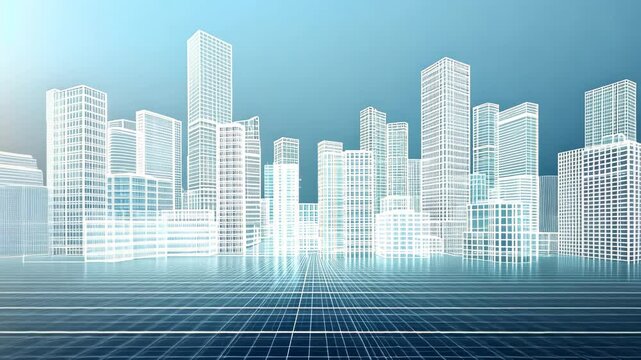 Abstract city skyline drawing in white against blue, with a grid-like floor