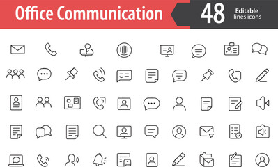 Office Communication Line Icons, Speech Bubble, Email, Chat Window, Phone Call, Video Meeting, Editable Formats: AI, EPS, PNG, JPG, Ideal for Both Digital and Print Use
