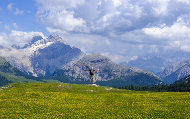 Hikers in the vicinity of the Sennes Hut, Alta Via1 route, Dolomites, Italy