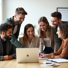 A diverse group of business professionals gathers around a laptop in a modern office, collaborating on a project and sharing ideas with enthusiasm and teamwork