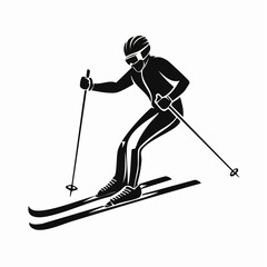 One skier racing downhill black silhouette vector with white background