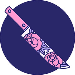 iconic tattoo style image of a dagger and flowers in bright neon color