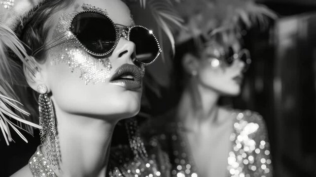 Glamorous masquerade with stylish models wearing sunglasses and sparkling makeup in a captivating black and white setting