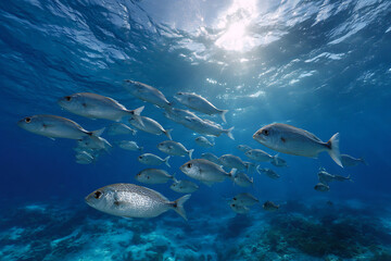 A large school of silvery grey fish swims in a vibrant deep blue ocean illuminated by bright sunlight filtering through the water surface