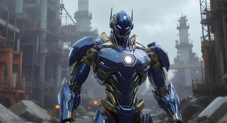 Naklejka premium a metallic blue armored robot with gold accents standing in a high-tech industrial environment