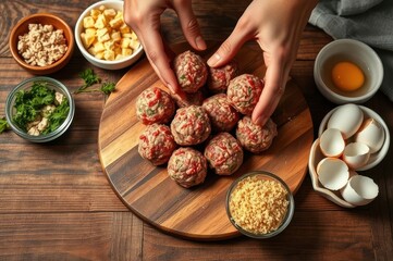 Hands forming meatballs on a cutting board, garlic, herbs, bread