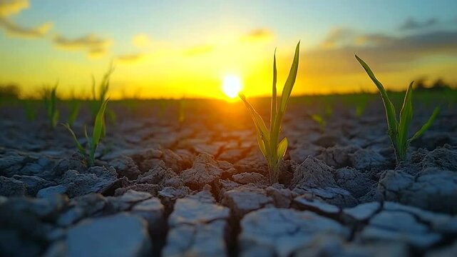Sprout growth in parched land at sunset Hope blooms anew