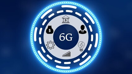 A 6G concept button on a futuristic, high performance, monitoring and evaluation ,Blue holographic advanced HUD circle platform dots digital luxurious modern telecom technology concept - Powered by Adobe