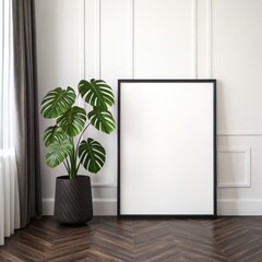 Illustration of a black frame mockup stands against a white wall, next to a monstera plant in a dark pot