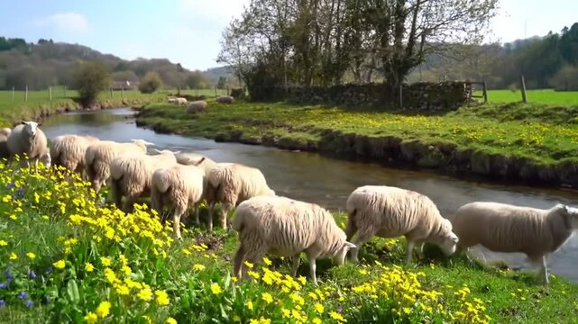 Picturesque Pasture With Flock of Sheep Grazing Beside a Flowing River