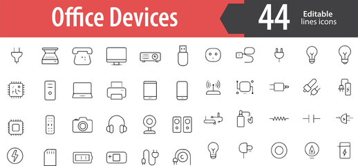 Office Devices Line Icons, Laptop, Printer, Desktop Computer, Scanner, Office Telephone, Editable Formats: AI, EPS, PNG, JPG, Ideal for Both Digital and Print Use
