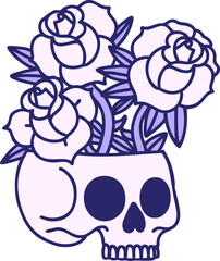 iconic tattoo style image of a skull and roses in bright neon color