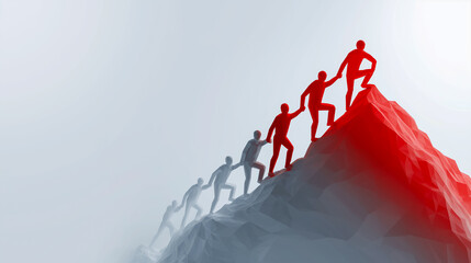 Symbolic red and grey figures climbing mountain together representing teamwork and leadership
