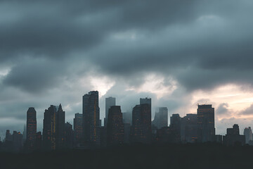 Obraz premium Dark Silhouetted City Skyline at Dawn Under a Heavy Gray Cloudy Sky Numerous Tall Buildings with Faint Interior Lights Visible