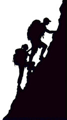 Silhouette of two hikers climbing a steep mountain slope together at dawn