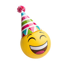 PNG Celebration Emoji: Capturing the essence of joy and festivity, a vibrant emoji wears a colorful party hat, its cheerful expression radiating happiness and celebration.