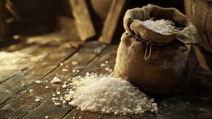 A glowing bag of whole-grain flour styled on a rustic wooden counter. pic