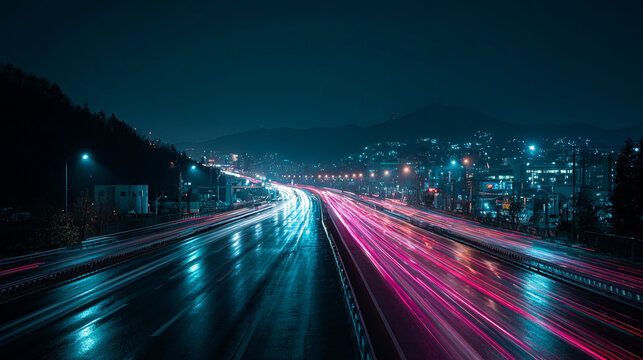 Highway Lights: A time-lapse shot captures traffic trails at night. Depicts modern transport and cityscapes for web use, design, or marketing. - Powered by Adobe