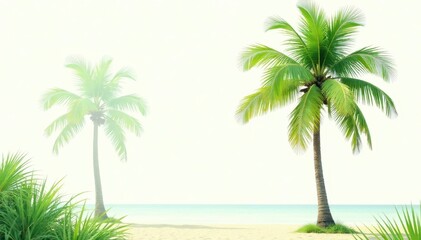 Obraz premium Single coconut palm tree, lush green foliage, white background, illustration, isolated tree, greenery