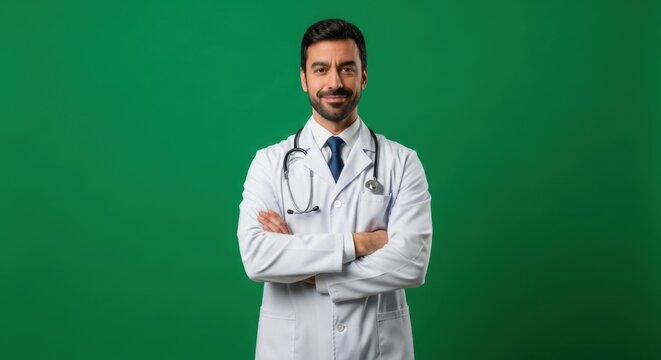 Young handsome doctor looking at camera with arms crossed on green screen chroma key background. Medical care and healthcare concept.