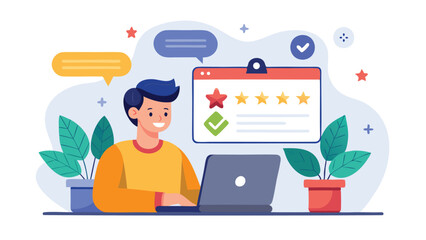 Man using laptop with customer review screen showing star rating and checkmark for feedback online 100