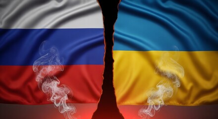 Russia and Ukraine full waving flags divided by thin burned black edge with light smoke and faint red glow underneath representing scorched separation