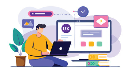 Man sitting with laptop working on ux design with monitor and books in a creative workspace scene