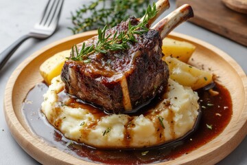 Juicy lamb chop served on creamy mashed potatoes with a rich gravy and fresh herbs in a cozy dining setting