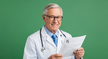Smiling senior caucasian man doctor in white coat holding prescription on green screen. Happy male physician in uniform with chroma key background. Medical concept.