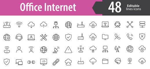 Office Internet Line Icons, WiFi Router, Ethernet Cable, Cloud Connection, Network Signal, Online Access, Editable Formats: AI, EPS, PNG, JPG, Ideal for Both Digital and Print Use
