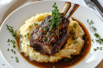 Savory lamb shank served on creamy mashed potatoes with fresh herbs and rich gravy, perfect for a cozy dining experience