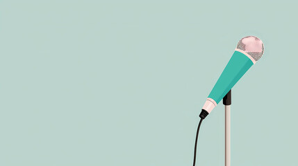 A professional microphone on a stand stands out against a clean blue background with ample empty space. The minimalist composition creates a fresh modern aesthetic perfect for music and audio-related