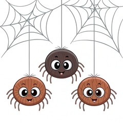 Illustration of three cute cartoon spiders hanging on their webs