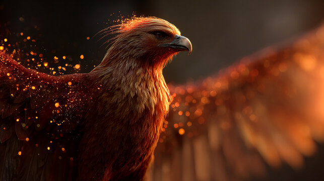 Phoenix soars, aflame with embers. Fantasy bird reborn with vibrant fire. Use for design, marketing, or editorial purposes.