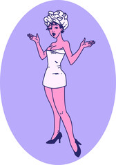 tattoo in traditional style of a pinup girl in towels in bright neon color