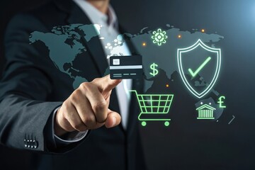 Businessman interacts with global financial security icons