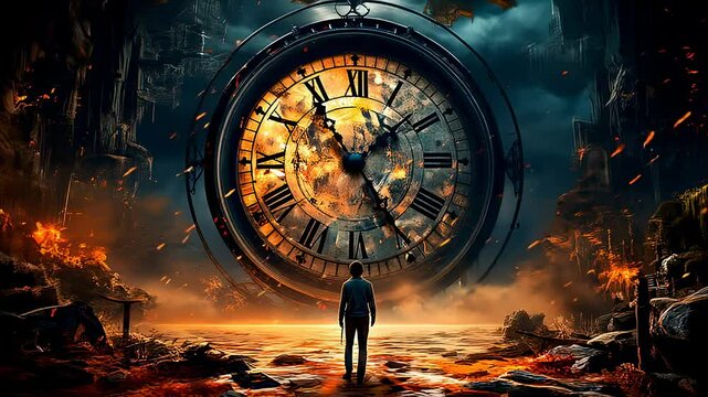 Surreal scene of a person facing a giant clock in a fiery landscape