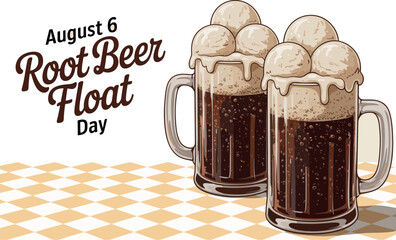 Two mugs of root beer floats with ice cream on a checkered tablecloth for august sixth day